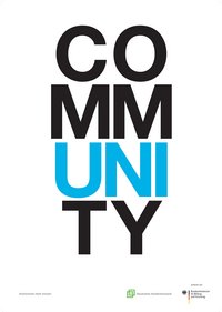 Das Wort "Community" in schwarzer und blauer Schrift, auf vier Zeilen verteilt. Zeile 1: C und O, schwarz; Zeile 2: doppel M, schwarz; Zeile 3: "Uni" in blau; Zeile 4: T und Y in schwarz. Das Wort "Uni" sticht in blau hervor.
